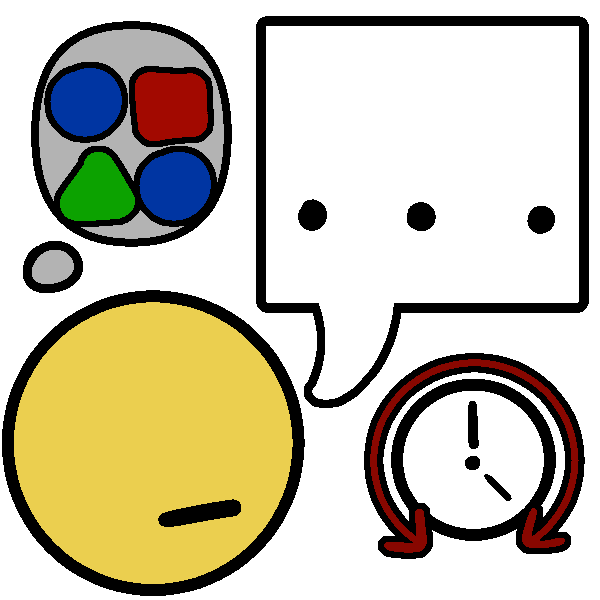 A simplified drawing of a person thinking of blue circles, a red square, and a green triangle, with a speech bubble that has only ellipses. Beneath it is a clock surrounded by a red arrow.